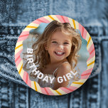 Retro pink sunburst red stars happy birthday party 2 inch round button<br><div class="desc">Colourful birthday pin back button badge featuring your photo and a pink and yellow sunburst with red,  retro stars. Customizable text "birthday girl" and your name.</div>