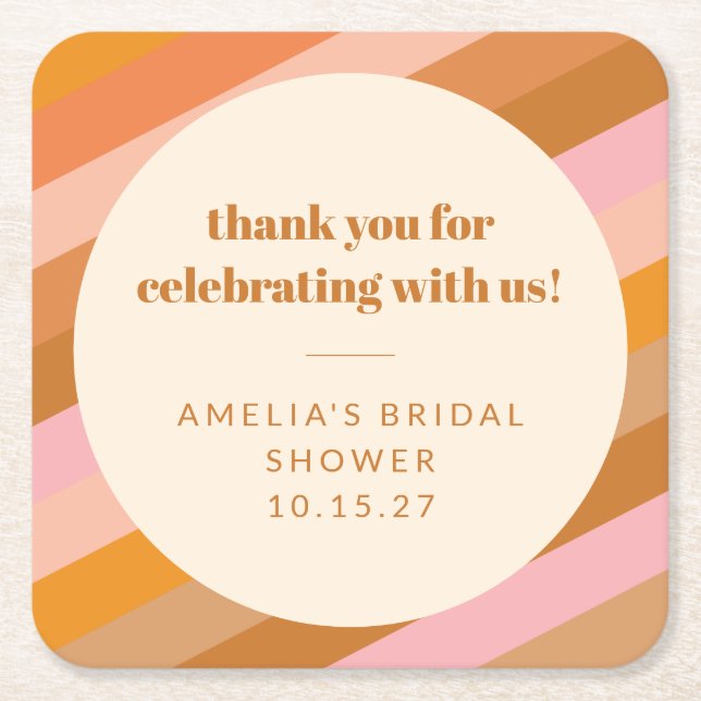 Retro Pink Sunset Stripes Custom Bridal Shower  Square Paper Coaster (Front)