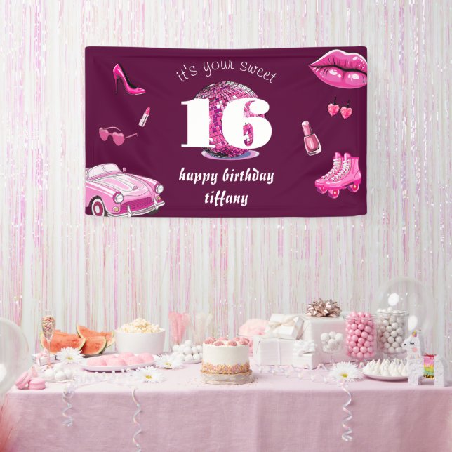 Retro Pink Sweet 16 Birthday Party Banner (Party)
