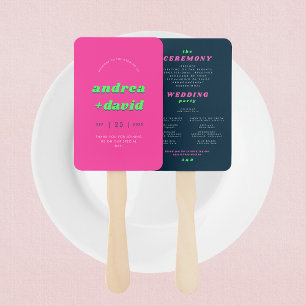 Retro Pink & Teal Hippie Groovy Wedding Program Hand Fan