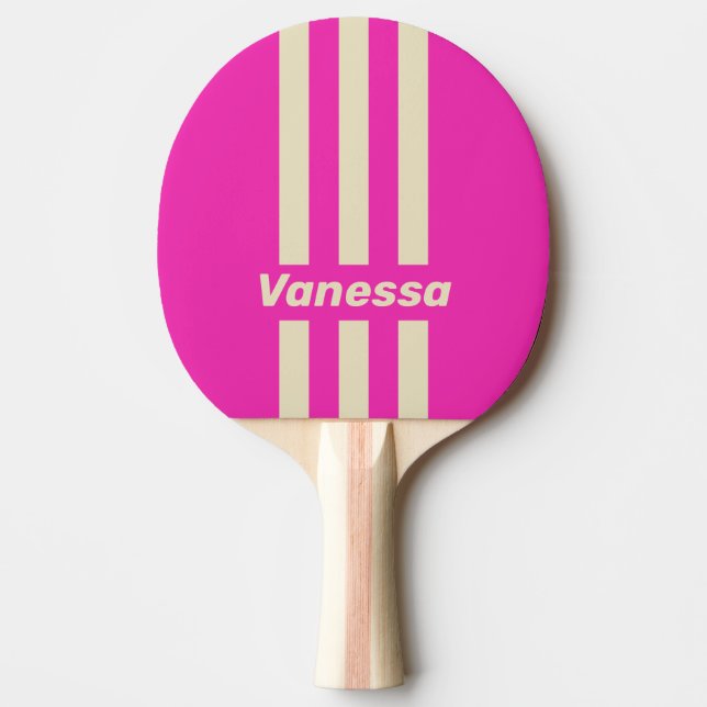 Retro Pink Three Pin Stripes with Name Ping Pong Paddle (Front)