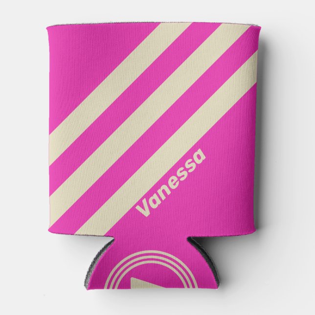 Retro Pink Three Stripes with Name Can Cooler (Front)