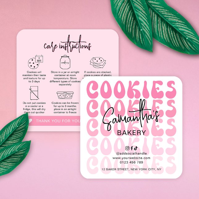Retro Pink Trendy Sugar Cookies Care Instructions Square Business Card (Retro pink cookies care cards featuring trendy fonts, pink aesthetic and cookie care icons)