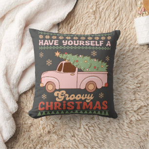 Retro Pink Truck "Have Yourself a Groovy Christmas Throw Pillow