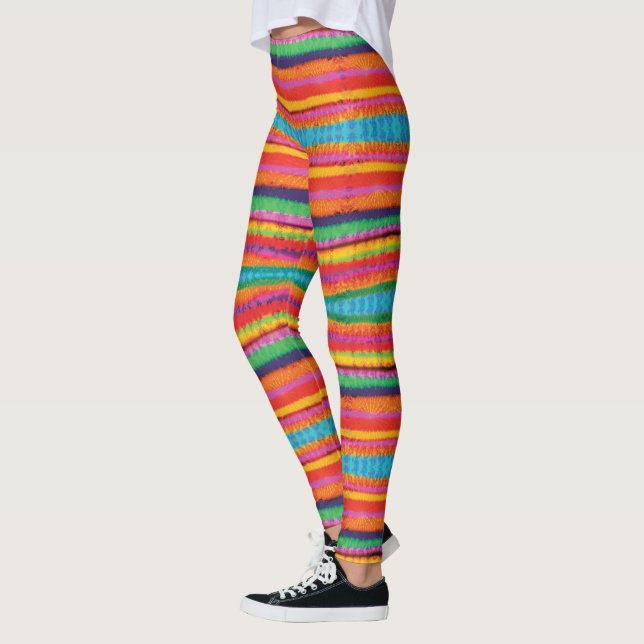 Retro Pink Turquoise Yellow Tie Dye Stripes Leggings (Left)