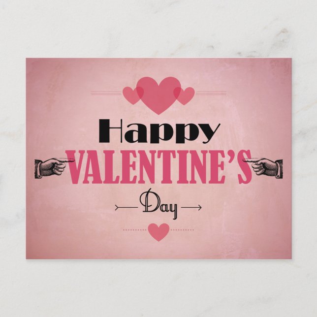 Retro Pink Valentine's Day Card - Hearts and Hands (Front)