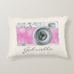 Retro Pink Watercolor Camera Personalized Accent Pillow