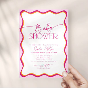 Retro Pink Wavy Border Invitation Baby Shower