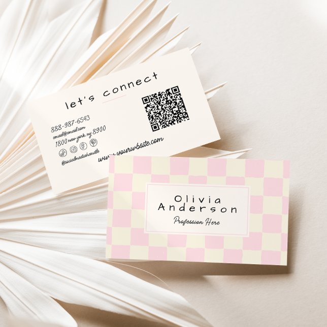 Retro Pink Wavy Chequered Girly Pastel QR Code Business Card (Creator Uploaded)