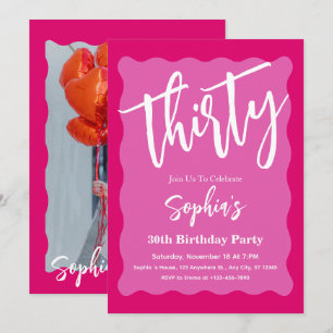 Retro Pink Wavy Curve Modern 30th Birthday Party Invitation