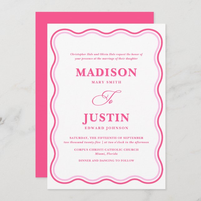 Retro Pink Wavy Formal Wedding Invitation (Front/Back)