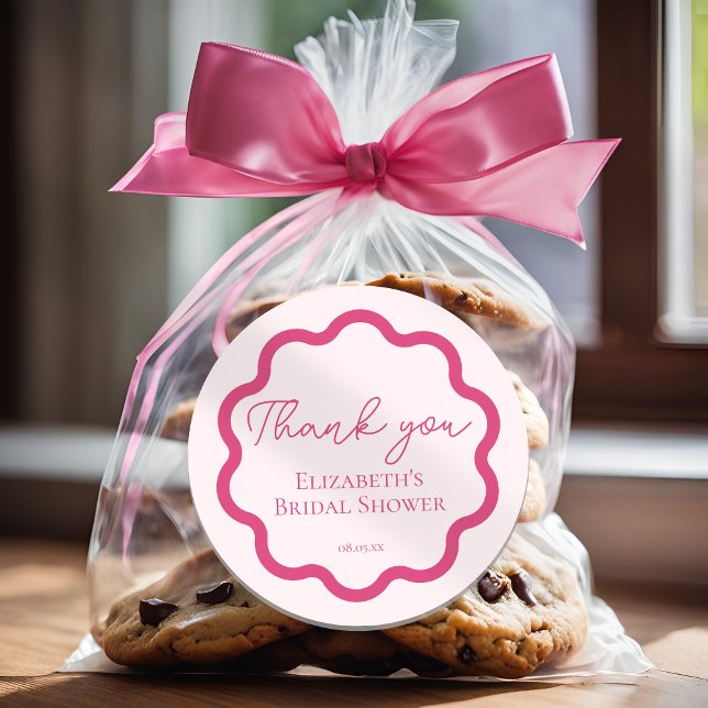 Retro Pink Wavy Scalloped Circle Script Thank You Classic Round Sticker (Creator Uploaded)