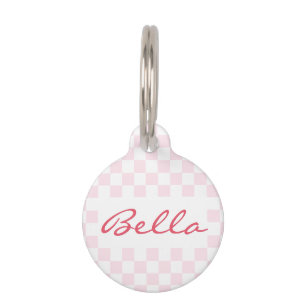 Retro Pink White Checkered Cat Kitty Dog Pup Name Pet Tag