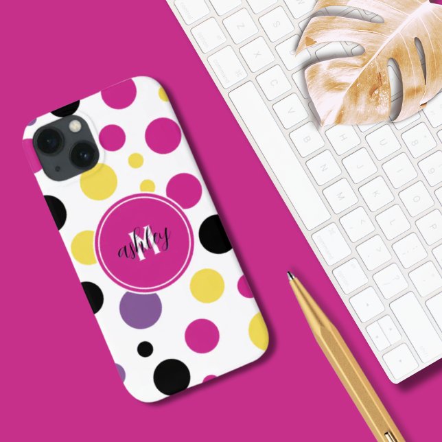 Retro Pink White Monogram Polka Dots Case-Mate iPhone Case (Creator Uploaded)
