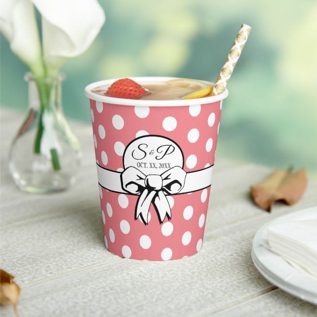 Retro Pink White Polka Dot White Bow Personalized Paper Cups (Insitu)