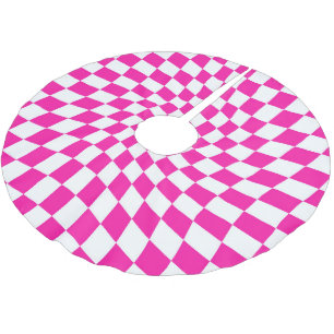 Retro Pink White Warped Checks Chequered Dorm   Brushed Polyester Tree Skirt