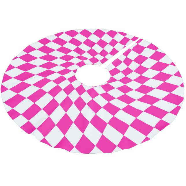Retro Pink White Warped Checks Chequered Dorm   Brushed Polyester Tree Skirt (Angled)