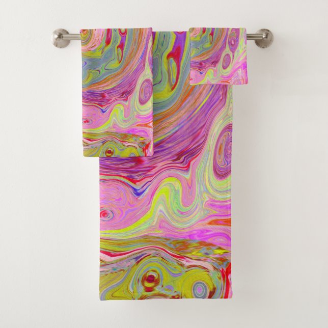 Retro Pink, Yellow and Magenta Abstract Groovy Art Bath Towel Set (Insitu)