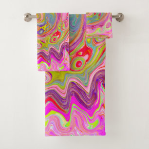 Retro Pink, Yellow and Magenta Abstract Groovy Art Bath Towel Set