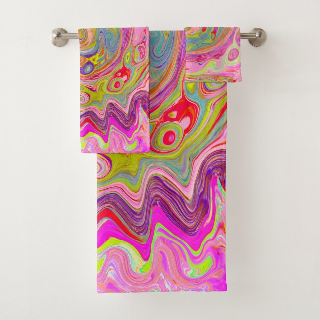 Retro Pink, Yellow and Magenta Abstract Groovy Art Bath Towel Set (Insitu)