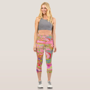 Retro Pink, Yellow and Magenta Abstract Groovy Art Capri Leggings