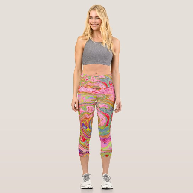 Retro Pink, Yellow and Magenta Abstract Groovy Art Capri Leggings (Front)
