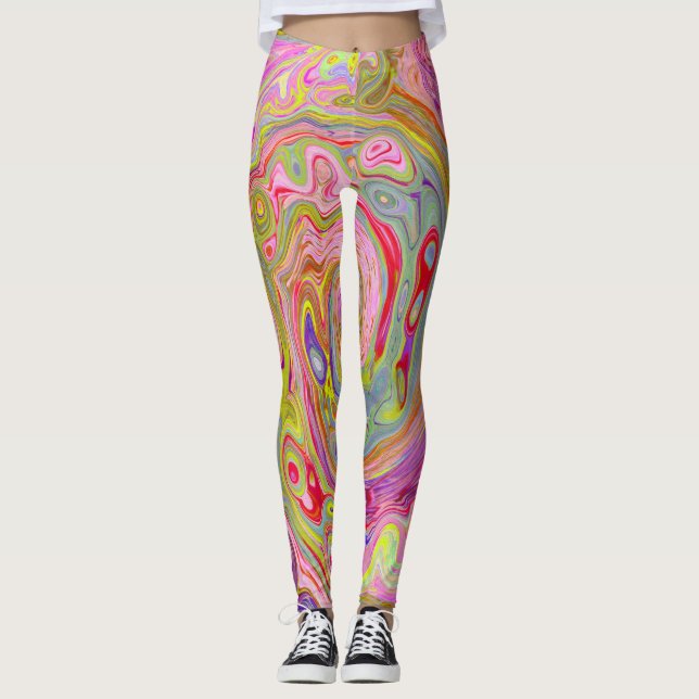 Retro Pink, Yellow and Magenta Abstract Groovy Art Leggings (Front)