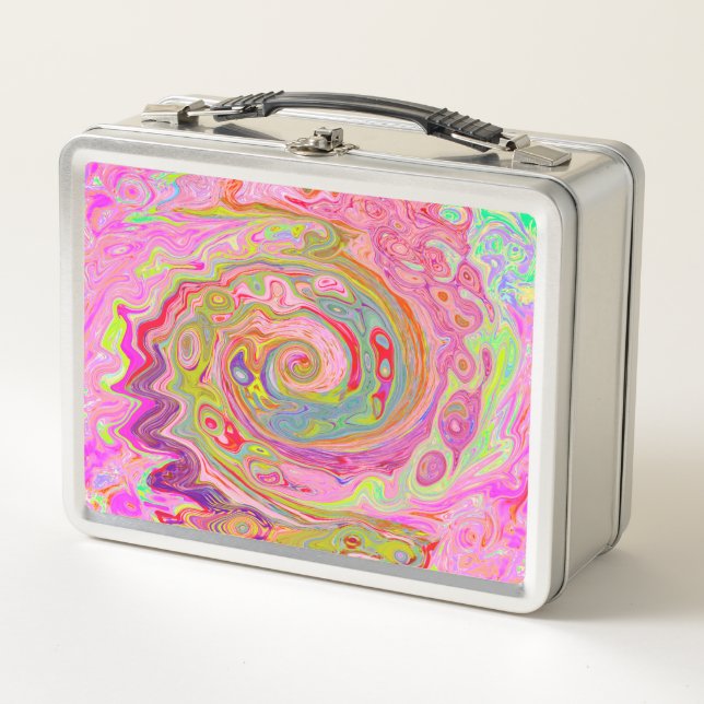 Retro Pink, Yellow and Magenta Abstract Groovy Art Metal Lunch Box (Front)