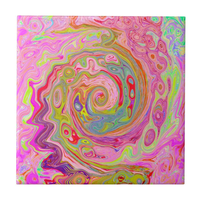 Retro Pink, Yellow and Magenta Abstract Groovy Art Tile (Front)