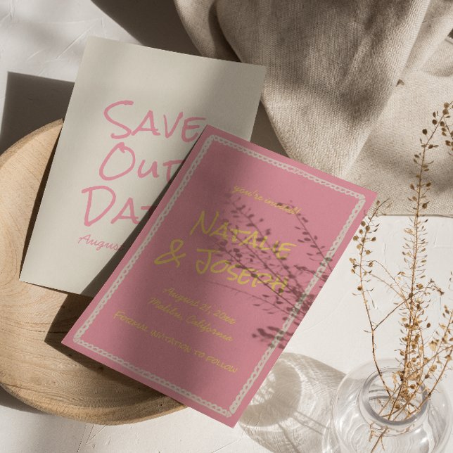 Retro Pink Yellow Colourful Pastel Funky Wedding Save The Date (Creator Uploaded)