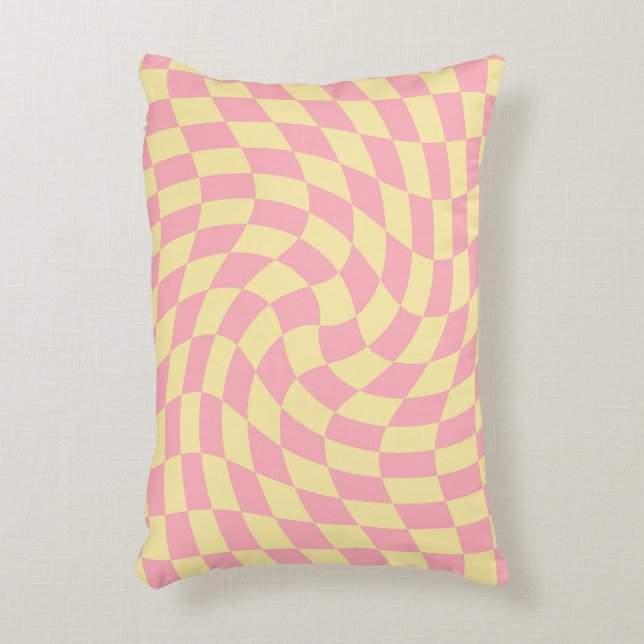 Retro Pink Yellow Dorm Warped Check Chequered  Accent Pillow (Front(Vertical))