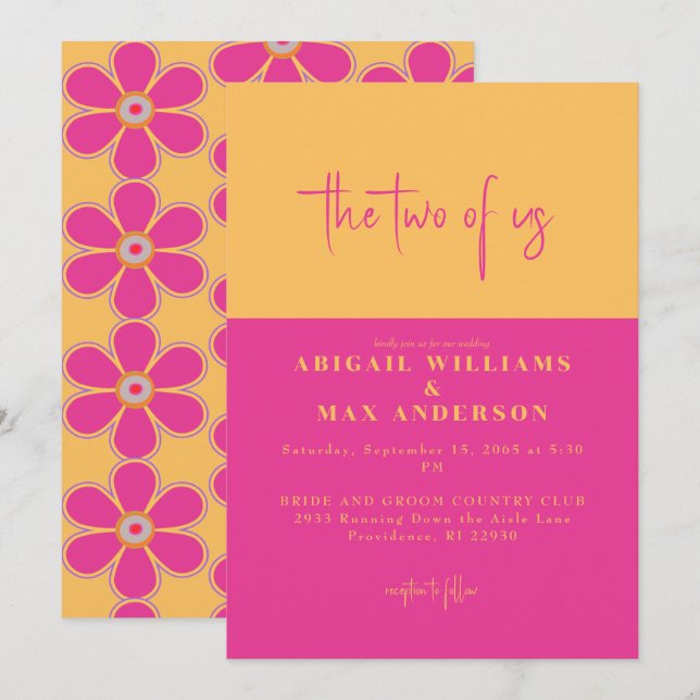 Retro Pink & Yellow Floral The Two of Us Wedding Invitation (Front/Back)