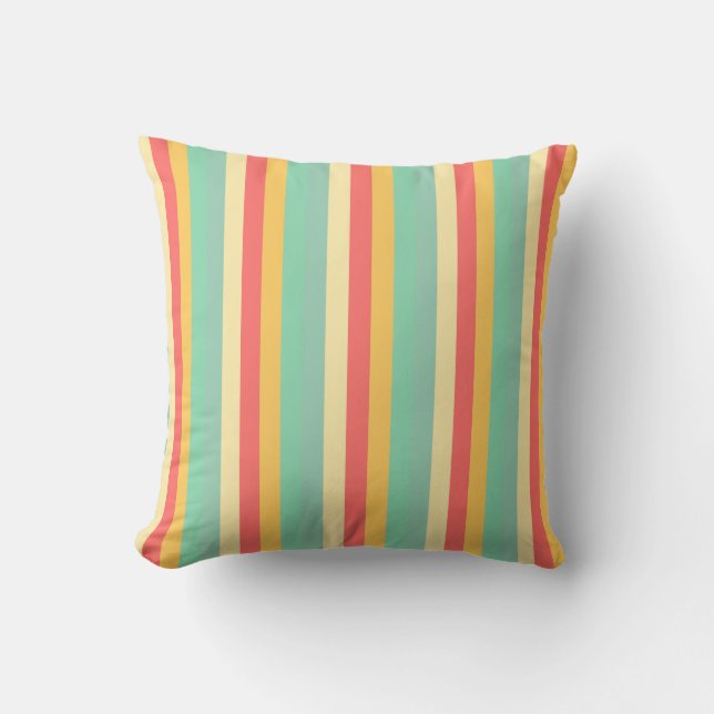 Retro Pink Yellow Green Blue Stripes Throw Pillow (Front)