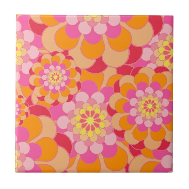 Retro Pink Yellow Tones Floral Pattern Tile (Front)