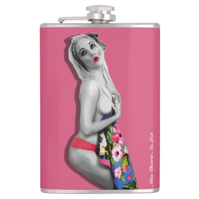 Retro Pinup Girl Hip Flask Miss Cherrie Dusky Pink (Front)