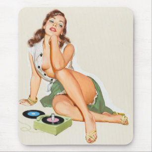 Retro pinup girl listening to music mouse pad