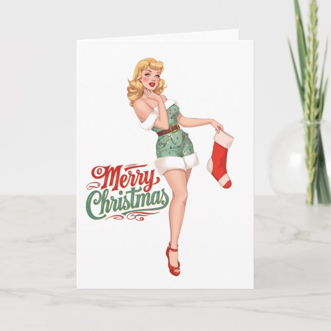 retro pinup girl merry christmas vintage card (Front)