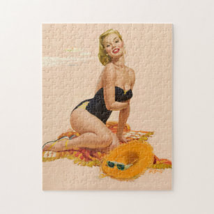 Retro pinup girl on the beach jigsaw puzzle