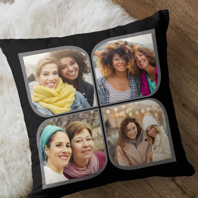 Retro Pinwheel 4 Photo Flower Petal Black Throw Pillow (Creator Uploaded)