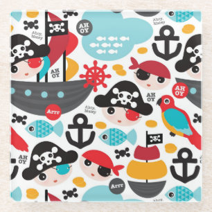 Retro pirates illustration sailing glass coaster
