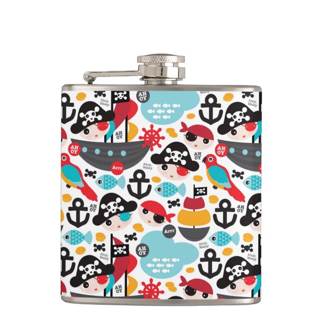 Retro pirates illustration sailing hip flask (Front)