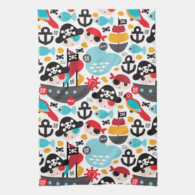 Retro pirates illustration sailing kitchen towel (Vertical)