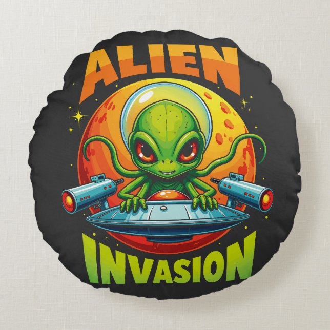 Retro Pixel Alien Invasion Round Pillow (Front)