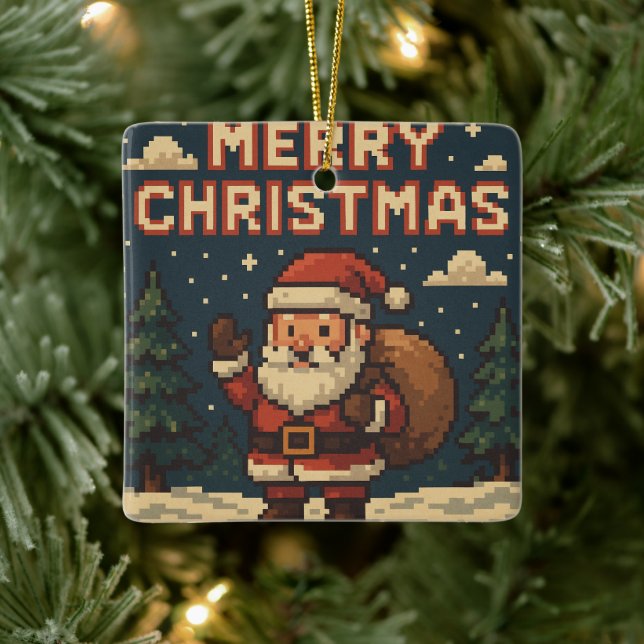 Retro Pixel Art Merry Christmas Ceramic Ornament (Tree)