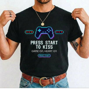 Retro Pixel Gamer Love Press Start to Kiss Glitch  T-Shirt