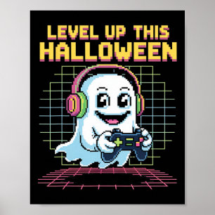 Retro Pixel Ghost Gamer Halloween Cute Spooky Gami Poster