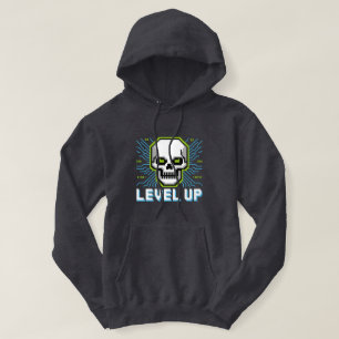 Retro Pixel Level Up Gamer Skull Hoodie