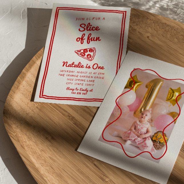 Retro Pizza 1st Drawn Slice Of Fun Photo Birthday Invitation (Creator Uploaded)