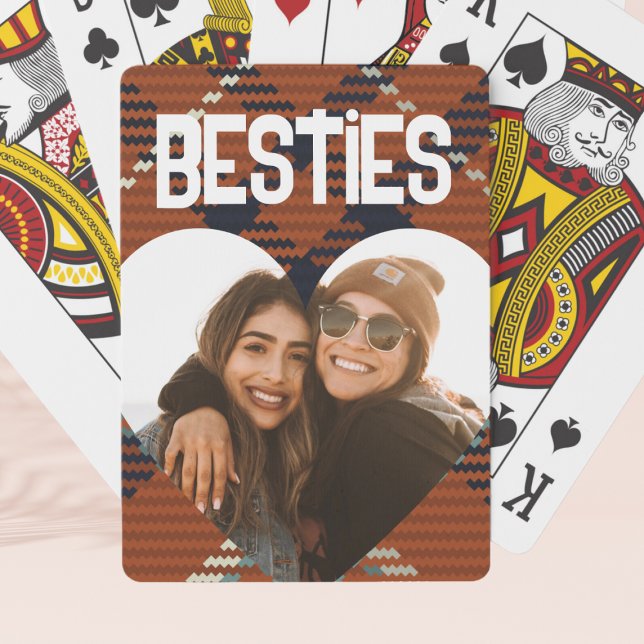 Retro Plaid Besties Photo Heart Playing Cards (Creator Uploaded)