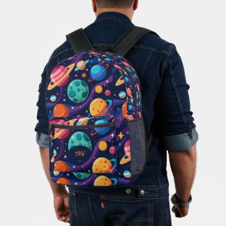 Retro Planets Monogrammed Printed Backpack